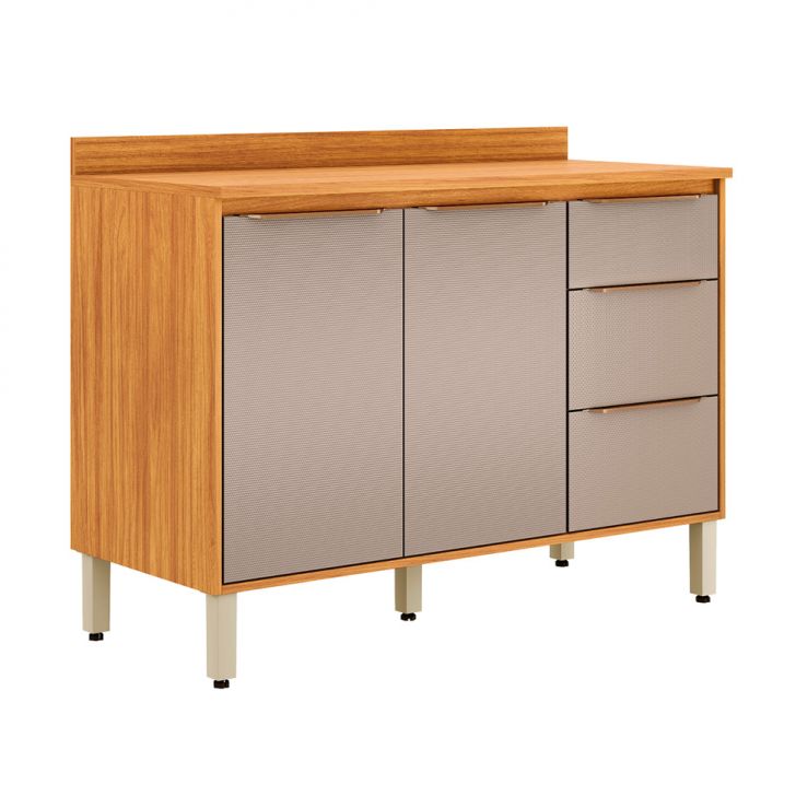 Balcão de Cozinha Plena com Tampo 2 Portas 3 Gavetas Nude e Cinamomo