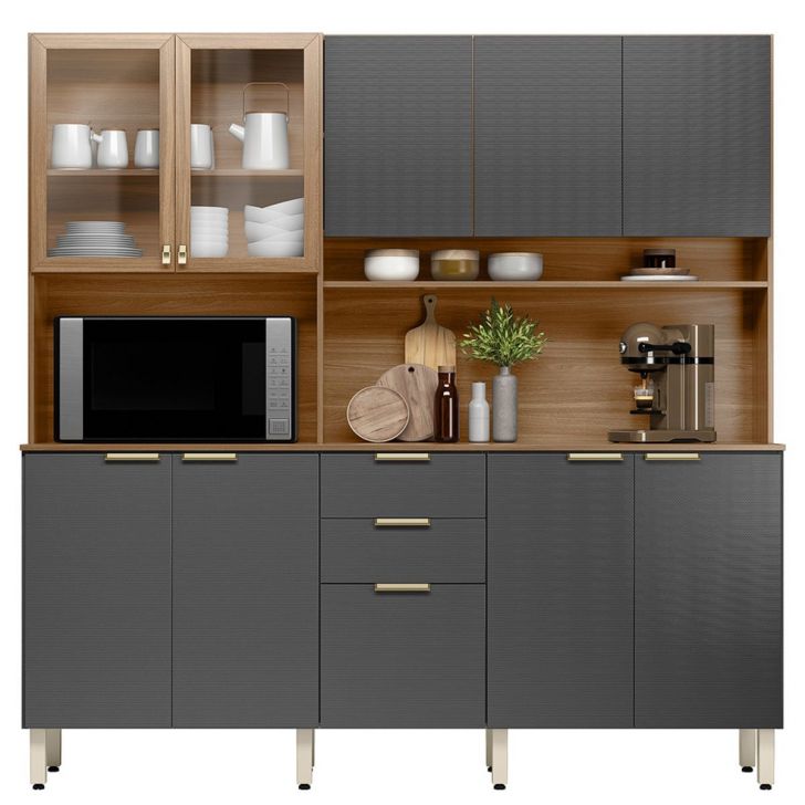 Kit Cozinha Compacta 10 Portas 2 Gavetas Ruby Amêndola/Grafito