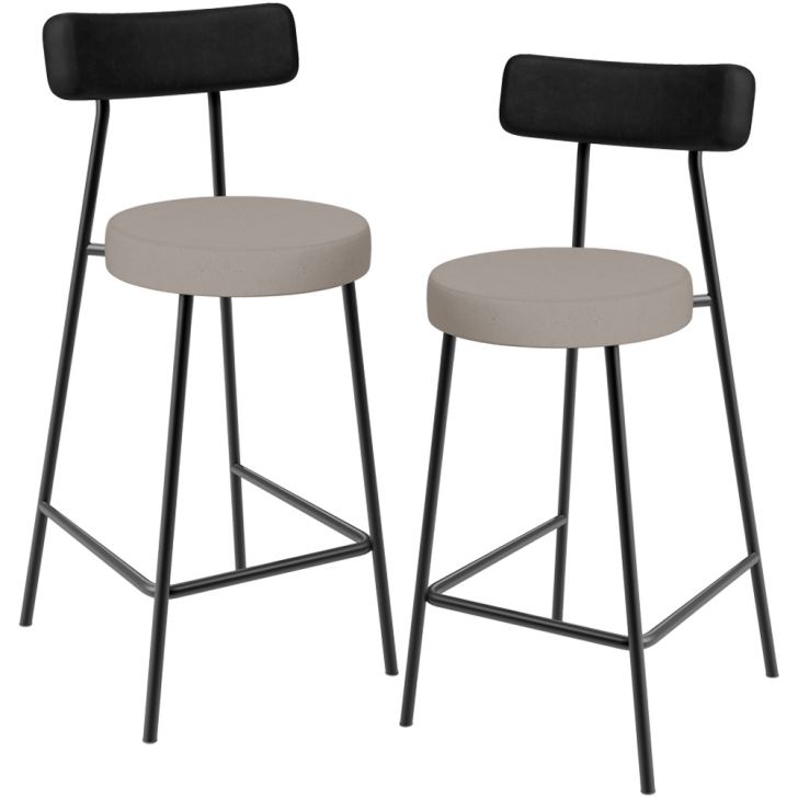 Kit 02 Banquetas Baixa Bar Cozinha Sala Jantar Milão L02 Couríssimo Preto Linho Bege - Lyam Decor