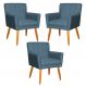 Kit 3 Poltronas Decorativa para Sala de Estar Cecília Linho Azul - Montanaris Decor