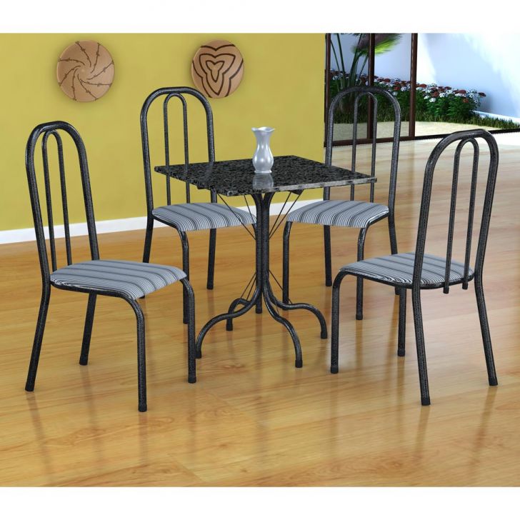 Conjunto De Mesa Malaga Com 4 Cadeiras Madri Preto Prata E Preto Listrado