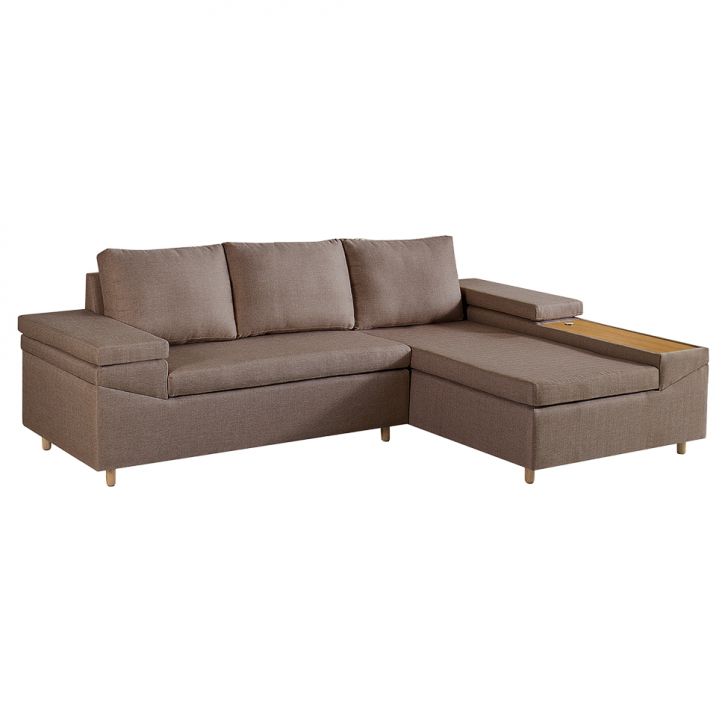 Sofá 4 Lugares Clássico Com Chaise Direito E Entrada Usb Linho Marrom Médio