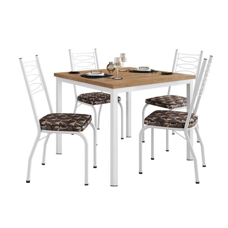 Conjunto De Mesa Quadrada Com Tampo Mdp E 4 Cadeiras Adriana Revestimento Sintético Mosaico Marrom E Branco