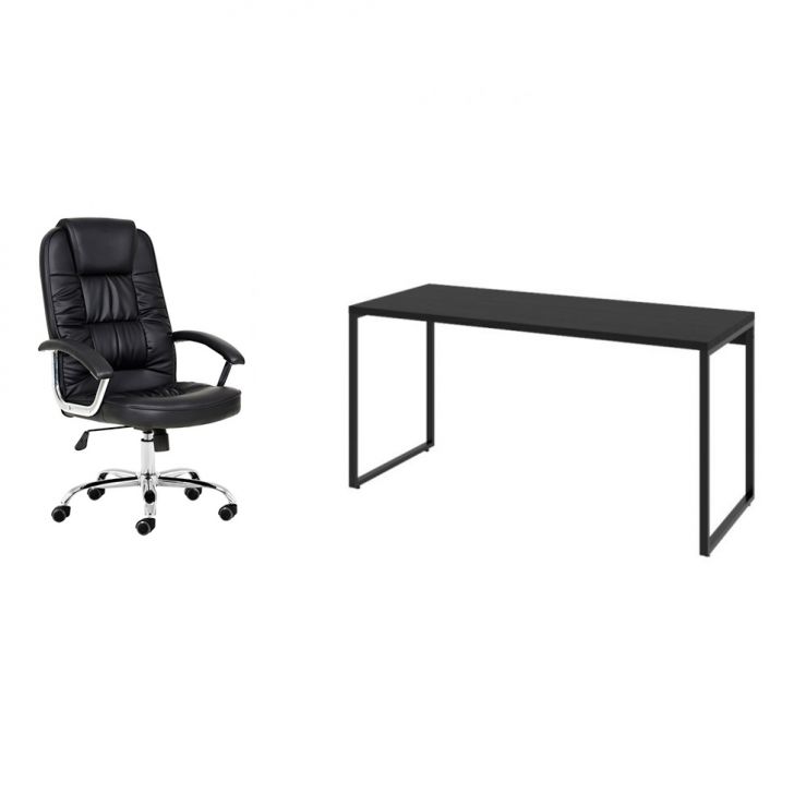 Conjunto de Mesa Kuadra I 150 cm com Cadeira de Escritório Presidente Giratória com Relax Finland Preta