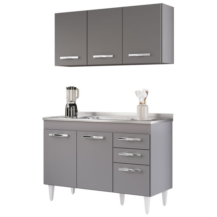 Armário Aéreo Honduras e Balcão Gabinete com Pia 120cm Suécia Cinza - Lumil