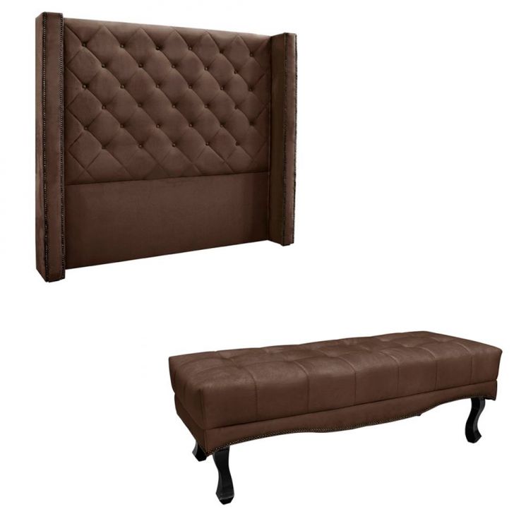 Conjunto de Cabeceira Solteiro com Recamier Vicenza Veludo Marrom