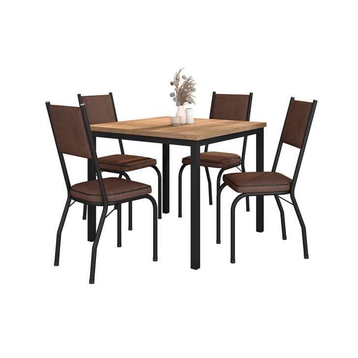Conjunto De Mesa Retangular Com Tampo De Mdp Amadeirado E 4 Cadeiras Adriana Ii Revestimento Sintético Imbuia E Preto