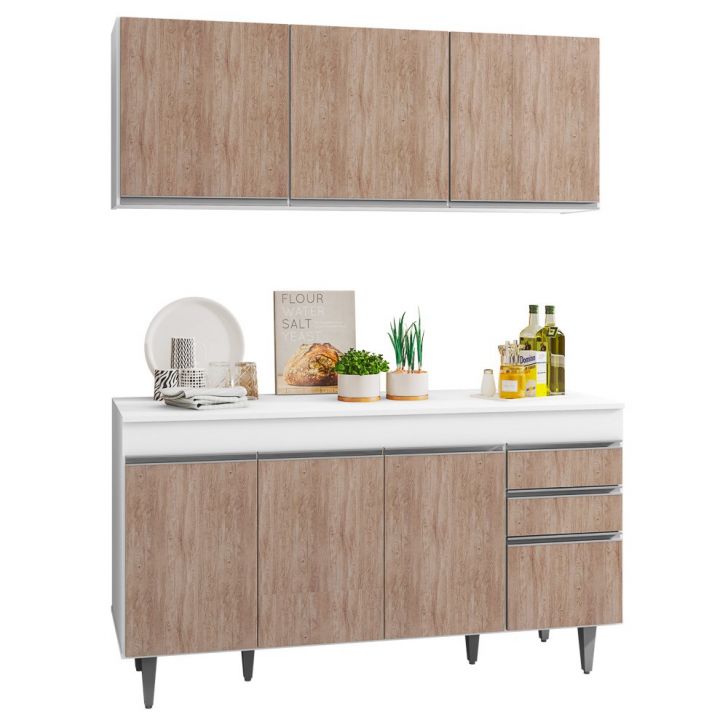 Armário Aéreo Argélia e Balcão Gabinete de Pia com Tampo Marrocos 150cm Branco/Castanho - Lumil