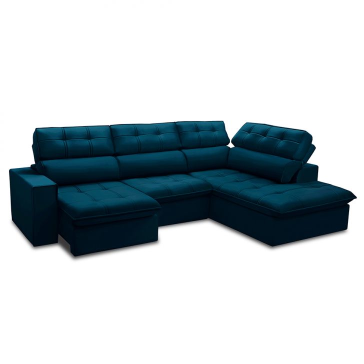 Image of Sofá 5 Lugares Retrátil E Reclinável Arezzo Com Chaise Direito Veludo Azul PLA-FE691UP79DVOMOB