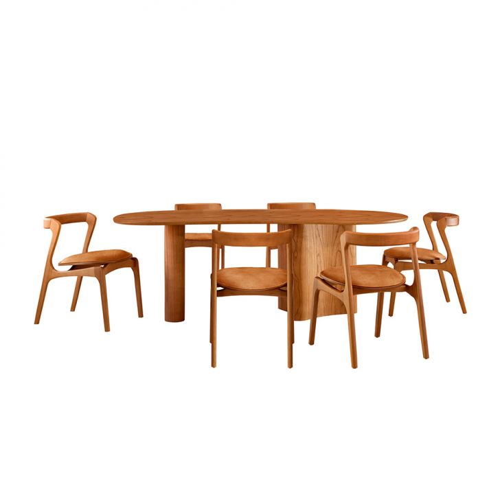 Mesa De Jantar Orgânica Com Tampo Laminado E 6 Cadeiras Savana Corino Star Caramelo E Imbuia Natural