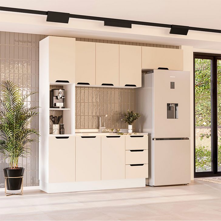 Cozinha Compacta Sem Tampo Com Rodapé Meena 8 Portas 3 Gavetas Creme E Branca