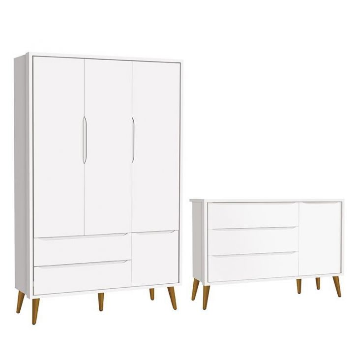 Jogo de Quarto Infantil Theo Retrô Guarda Roupa 3 Portas e Cômoda 1 Porta Branco Fosco com Pés Amadeirado - Reller Móveis