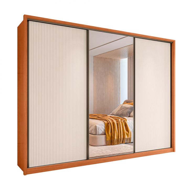 Image of Guarda-roupa Casal Com Espelho Amara 3 Portas 6 Gavetas Freijó E Off White PLA-MO895CL69JISMOB
