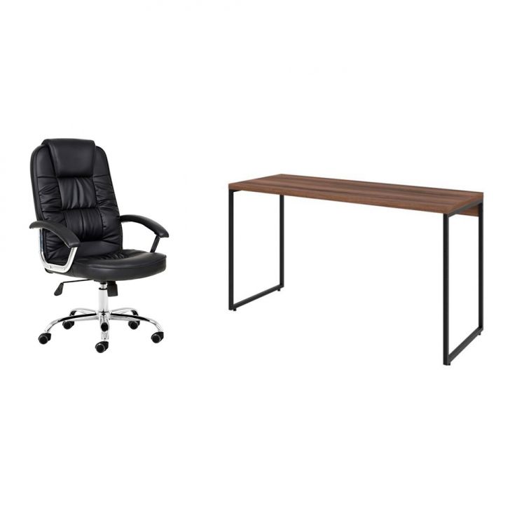 Conjunto de Mesa Studio Nogal 135 cm com Cadeira de Escritório Presidente Giratória com Relax Finland Preta