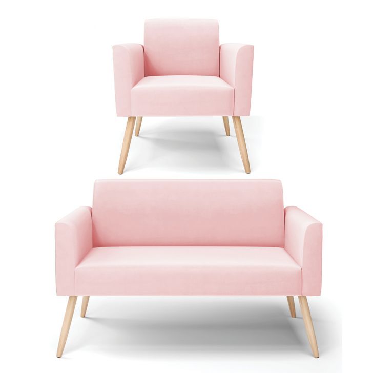 Kit 01 Namoradeira 02 Lugares e 01 Poltrona Marisa Suede Rosa Bebê Pés Palito Natural D'Rossi