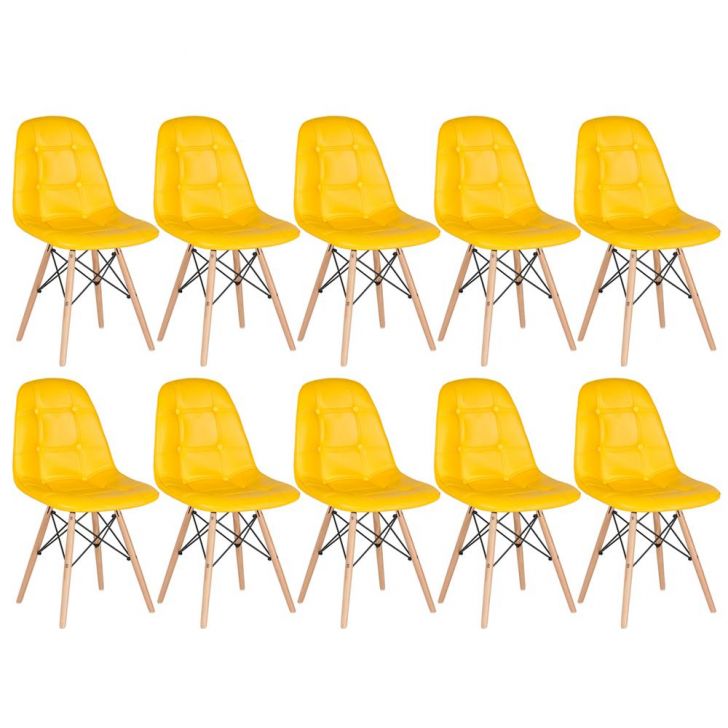 Kit 10 cadeiras estofadas Charles Eames Eiffel Botonê com pés de madeira clara Amarelo