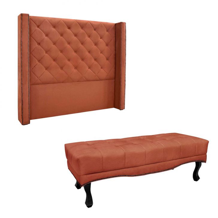 Conjunto de Cabeceira Casal com Recamier Vicenza Veludo Cobre