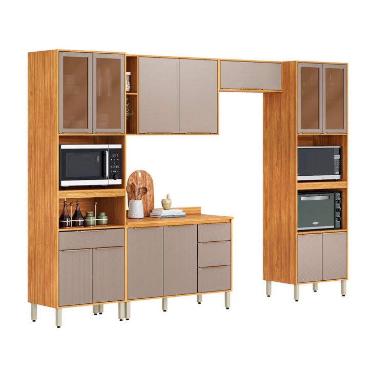 Cozinha Compacta com Vidro Reflecta Plena 13 Portas 4 Gavetas Nude e Cinamomo