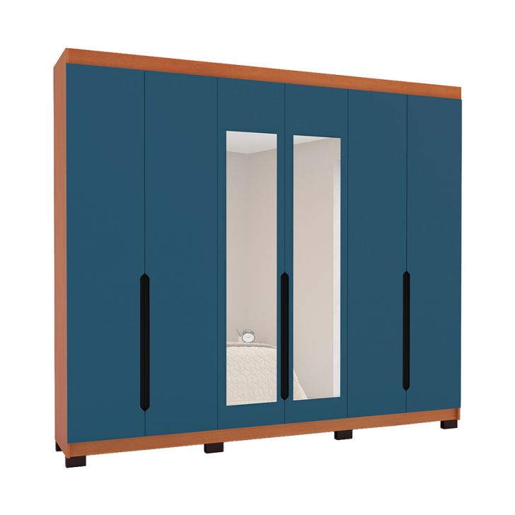 Guarda-roupa Casal Com Espelho Madrid 6 Portas 4 Gavetas Freijó E Azul