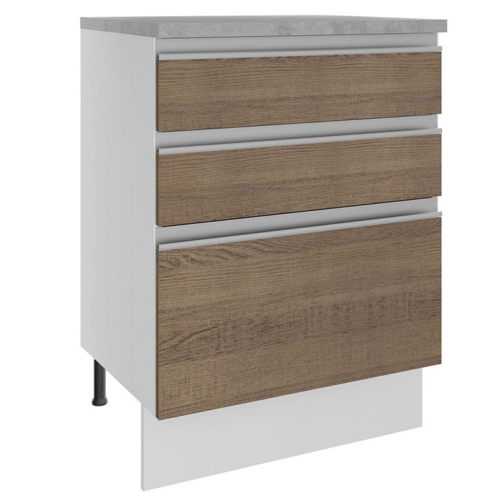 Balcão Armário de Cozinha 60 cm 3 Gavetas Branco/Rustic Glamy Madesa