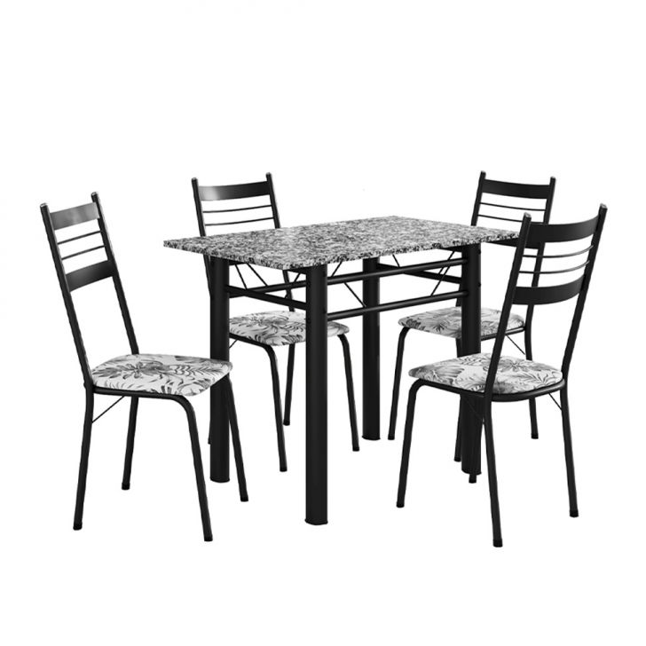 Conjunto De Mesa Retangular Com Tampo De Granito E 4 Cadeiras Palma Revestimento Sintético Floral Cinza E Preto 100 Cm