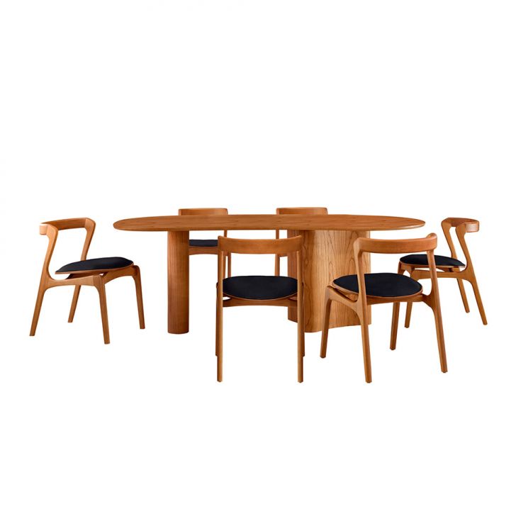 Mesa De Jantar Orgânica Com Tampo Laminado E 6 Cadeiras Savana Linho Preto E Imbuia Natural