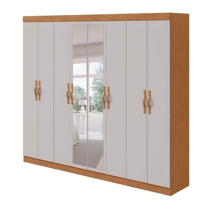 Guarda-roupa Casal Com Espelho Serenata 8 Portas 6 Gavetas Amêndoa Clean E Off White