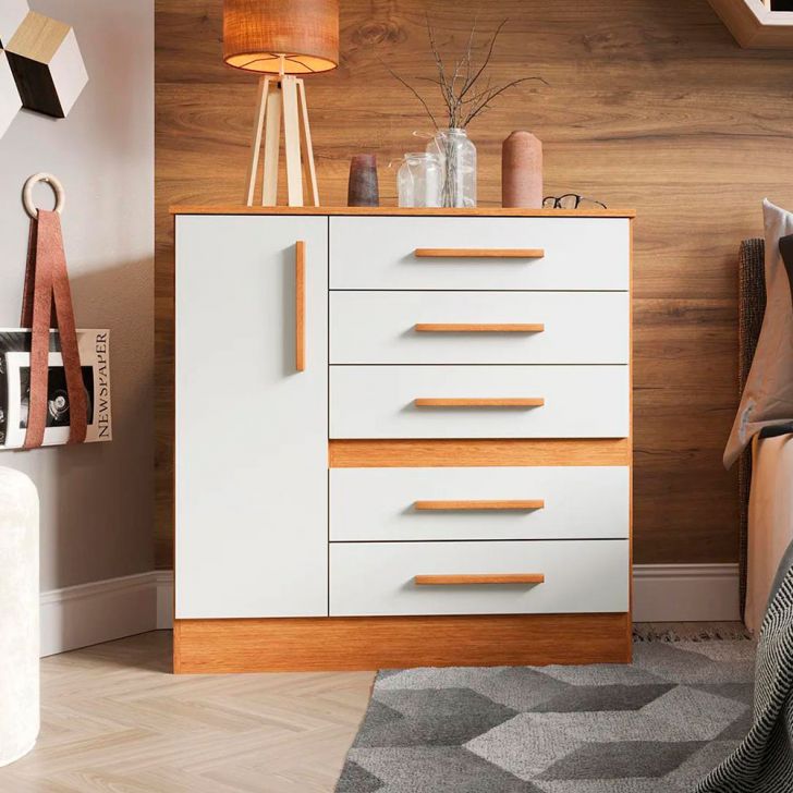 Cômoda Advantage 1 Porta 5 Gavetas Freijó e Off White Wood