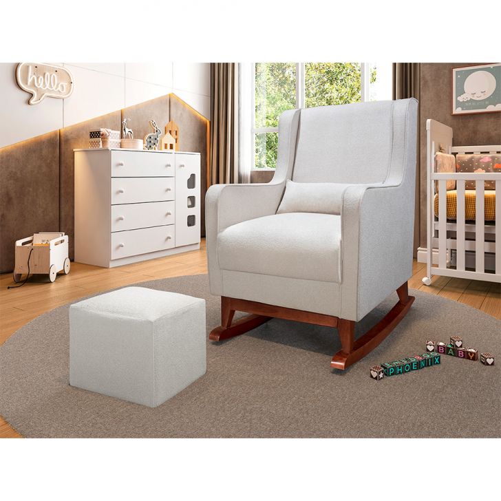 Poltrona para Amamentação Pé Canoa com Puff Sophia Bouclé Bege