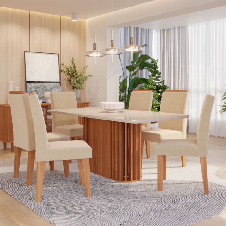 Conjunto De Mesa Retangular Com Tampo De Vidro Off White Julieta E 6 Cadeiras Tais E Maia Suede Bege E Amadeirado
