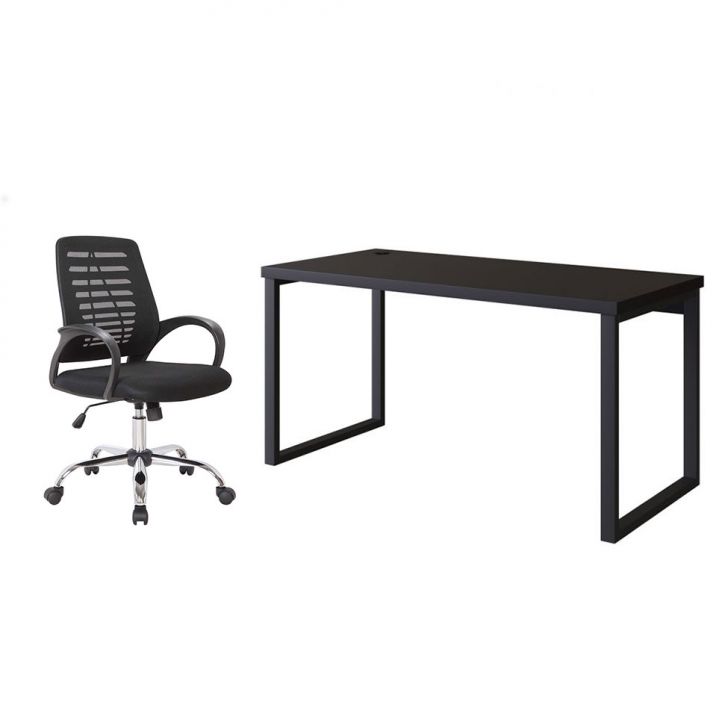 Conjunto de Mesa Miguel 150 cm com Cadeira de Escritório Secretária Giratória Light Preta