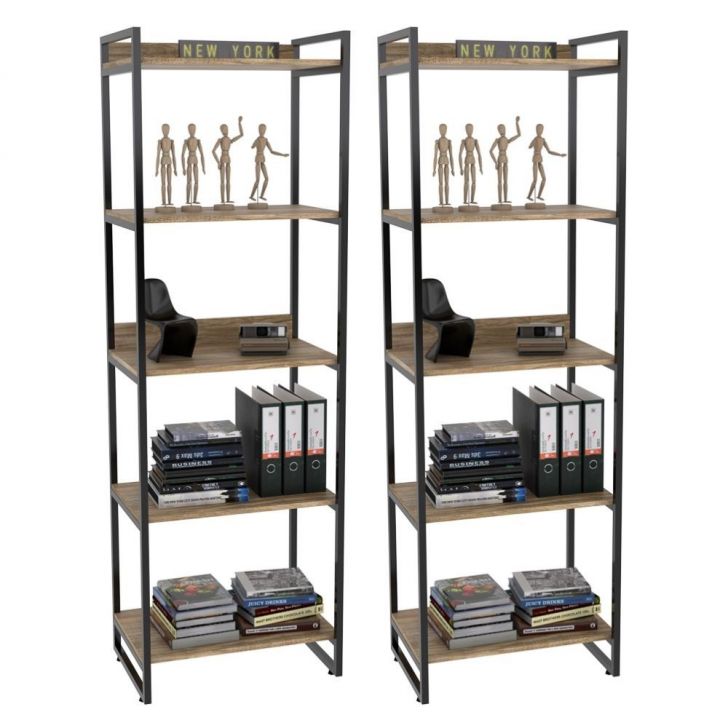 Kit 2 Estantes Livreiro Multiuso Prisma Estilo Industrial 60cm 5 Prateleiras C08 Carvalho - Mpozenato