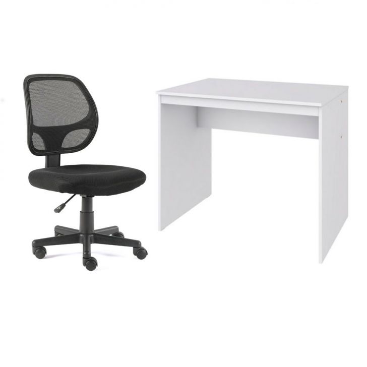 Conjunto de Mesa Office Branca com Cadeira de Escritório Secretária Giratória Oxford Preta