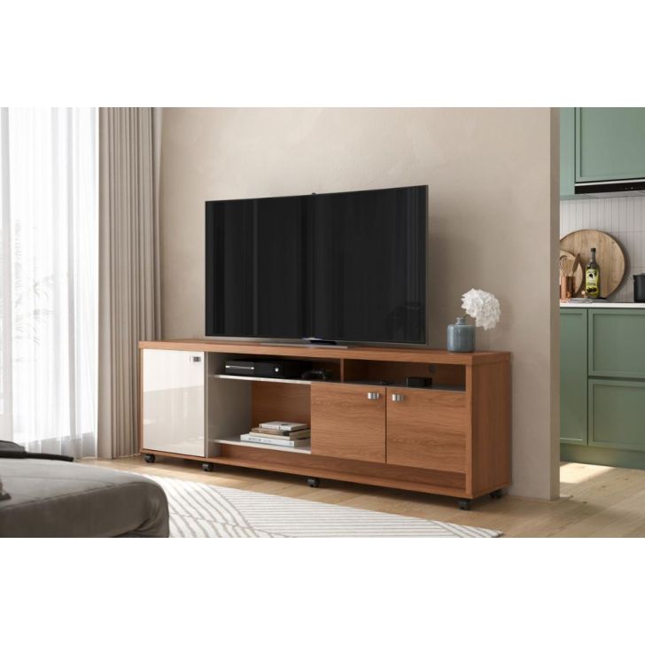 Bancada Napoli Suporte Para Tvs C/ 3 Portas E Nichos - Jequitiba/Off White Perolizado
