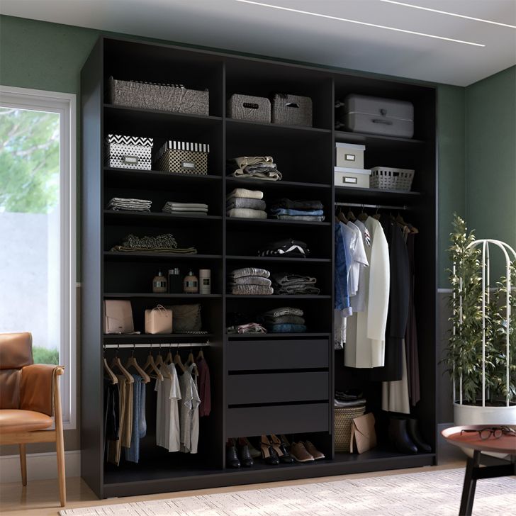 Guarda-roupa Closet 100% Mdf 3 Gavetas Preto 209 Cm
