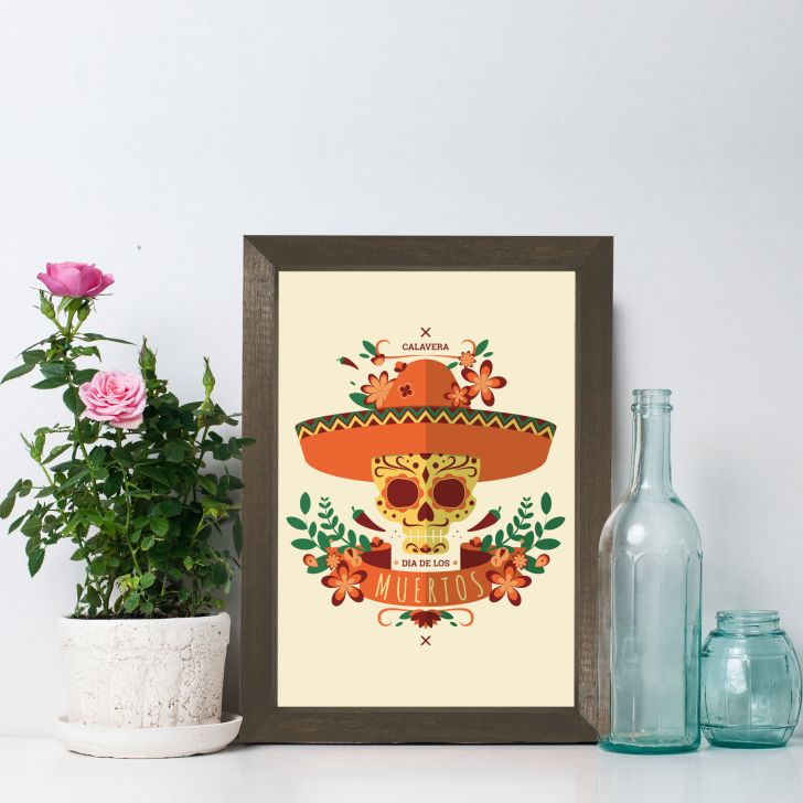 Quadro Decorativo com Moldura Marrom Caveira Mexicana 22x32cm