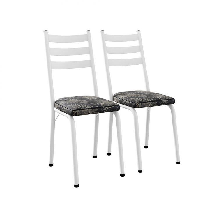 Conjunto com 2 Cadeiras New Revestimento Sintético Preto Floral Dourado e Branco