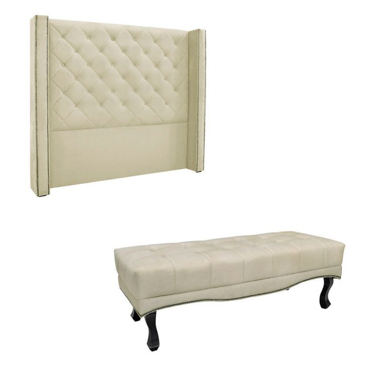 Conjunto de Cabeceira Queen com Recamier Vicenza Veludo Bege