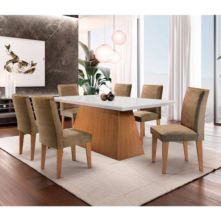 Conjunto De Mesa De Jantar Luna Com 6 Cadeiras Estofadas Lunara I Animalle Off White E Chocolate