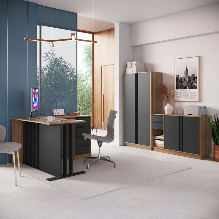 Conjunto de Mesa de Escritório em L e Armários Office 4 Portas 6 Gavetas Mel e Grafite