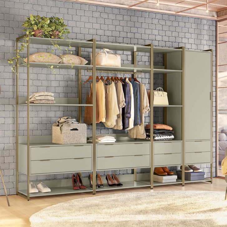 Guarda-roupa Closet Industrial Mital 1 Porta 8 Gavetas Off White E Dourado