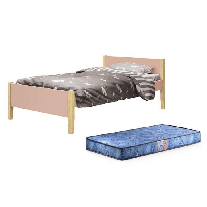 Cama Solteiro Simba Rosa Fosco com Pés Madeira Natural e Colchão D20 - Reller Móveis