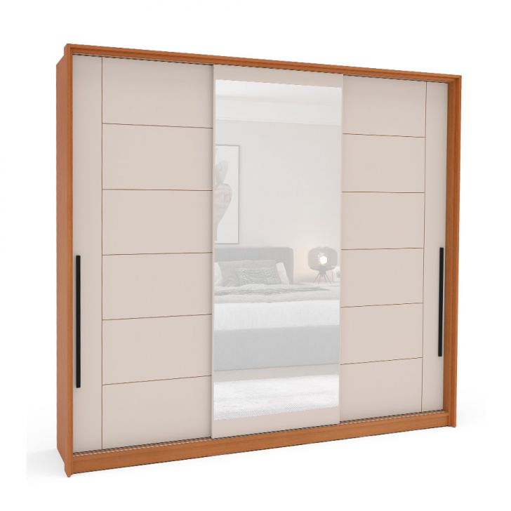 Image of Guarda-roupa Casal Com Espelho Lisboa 3 Portas 4 Gavetas Freijó E Creme PLA-MO895CL59OSEMOB