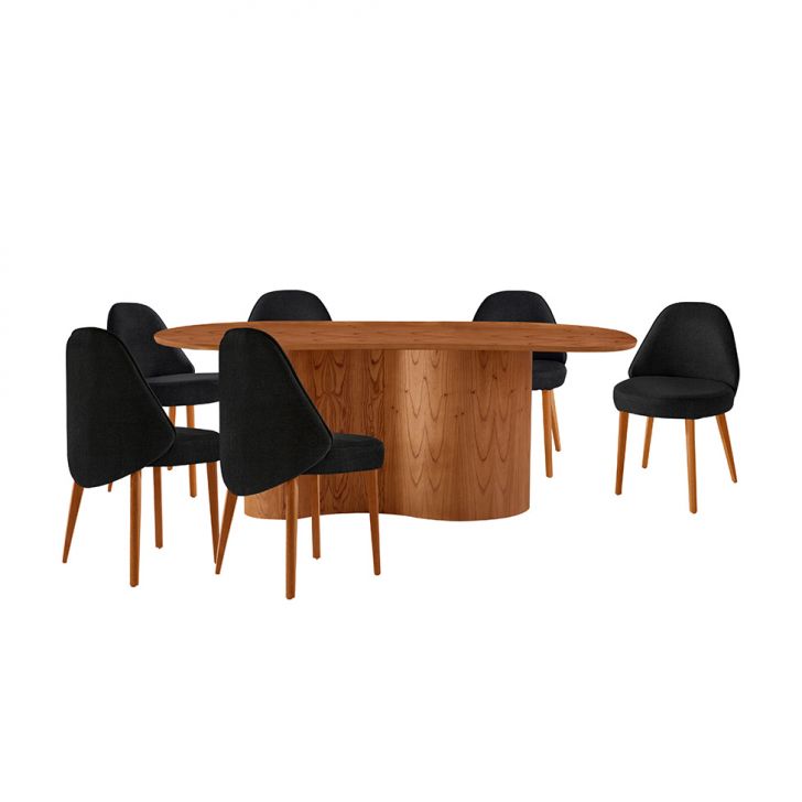 Mesa De Jantar Orgânica Com Tampo Laminado E 6 Cadeiras Floripa Linho Preto E Imbuia Natural