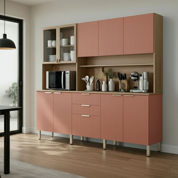 Cozinha Compacta Berry 10 Portas 2 Gavetas Amêndola e Marsala