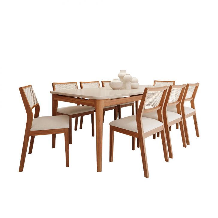 Conjunto De Mesa Retangular Com Tampo De Vidro Off White Baobá E 8 Cadeiras Bella Linho Cru E Madeira 210 Cm