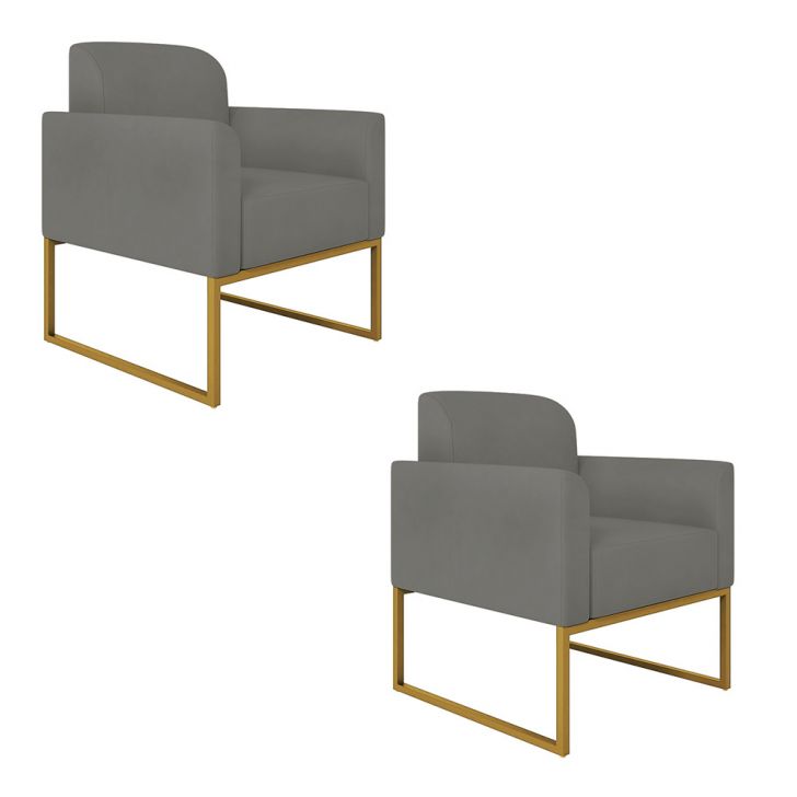 Kit 02 Poltronas Marisa Suede Grafite Base Industrial Metálica Dourado D'Rossi
