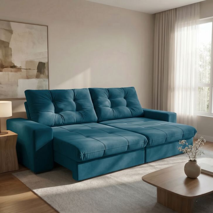 Sofá 3 Lugares Retrátil E Reclinável Biarritz Suede Azul Turquesa