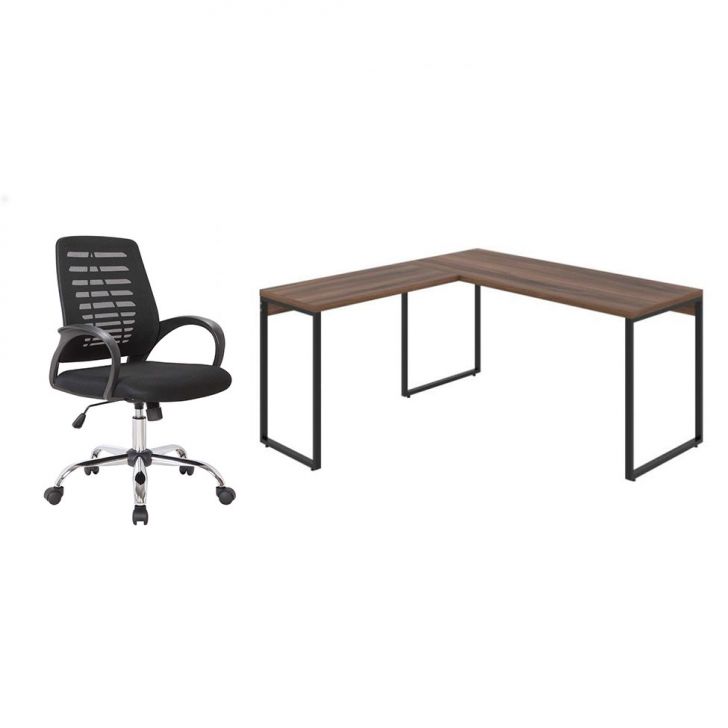 Conjunto de Mesa Kuadra Nogal 150 cm com Cadeira de Escritório Secretária Giratória Light Preta