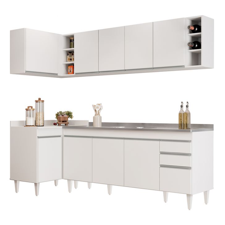 Armário de Cozinha Modulado de Canto Direito 5 Peças CP45 com Pia Inox Branco - Lumil